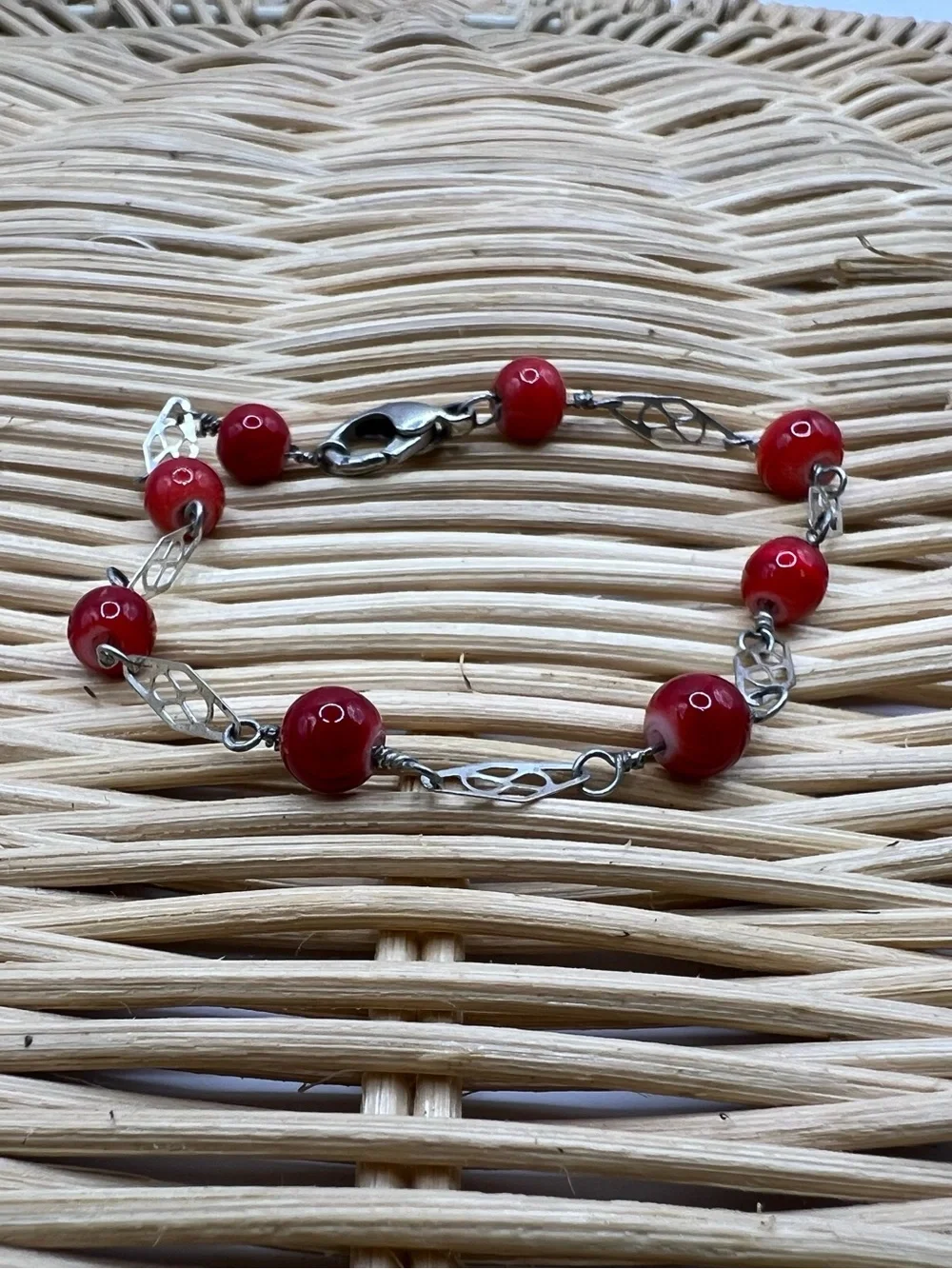 Vintage Red Beaded Silver Tone Link Chain Bracelet Bohemian Chic